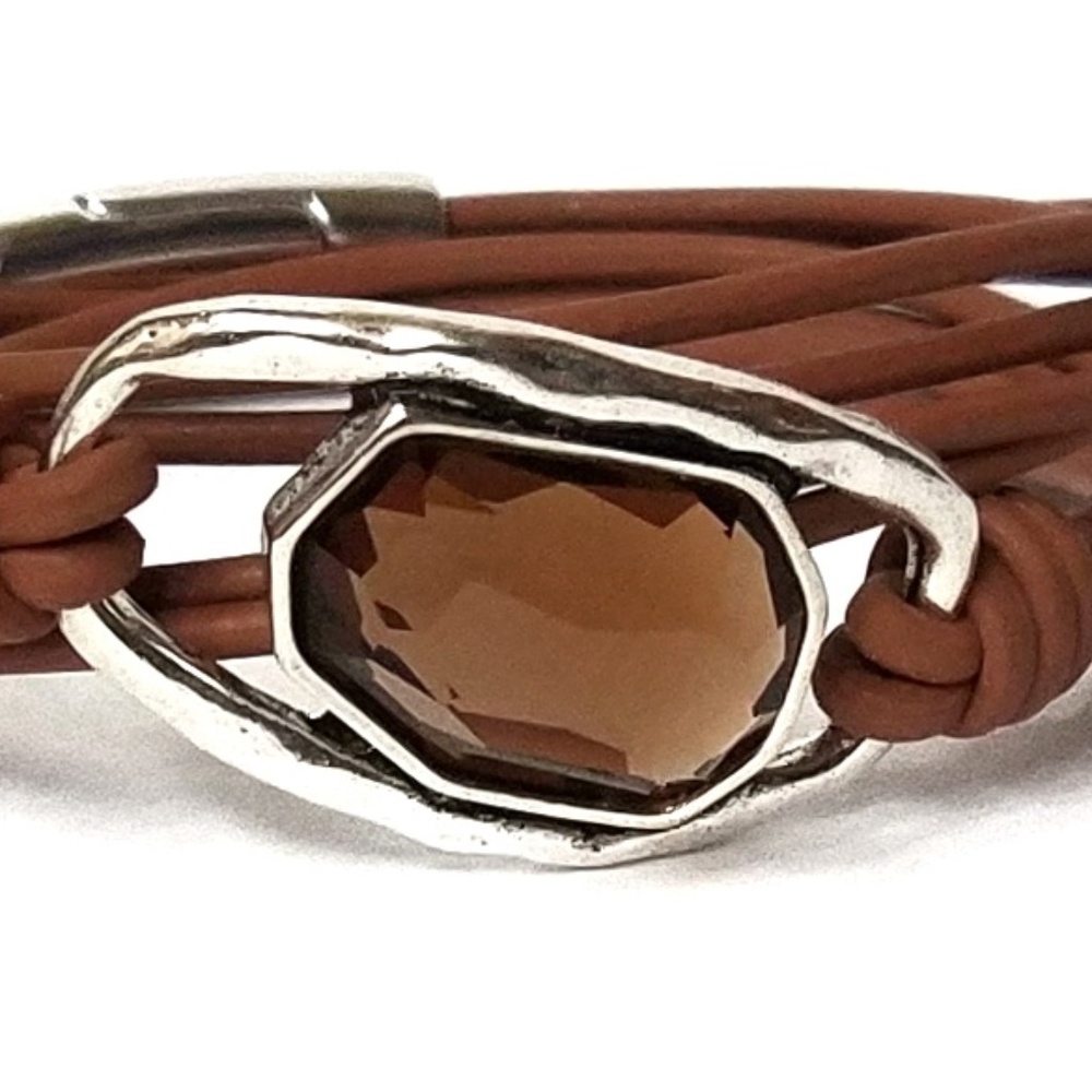 Leather Wrap Brown Glass Bead Bracelet - Picture 2 of 8